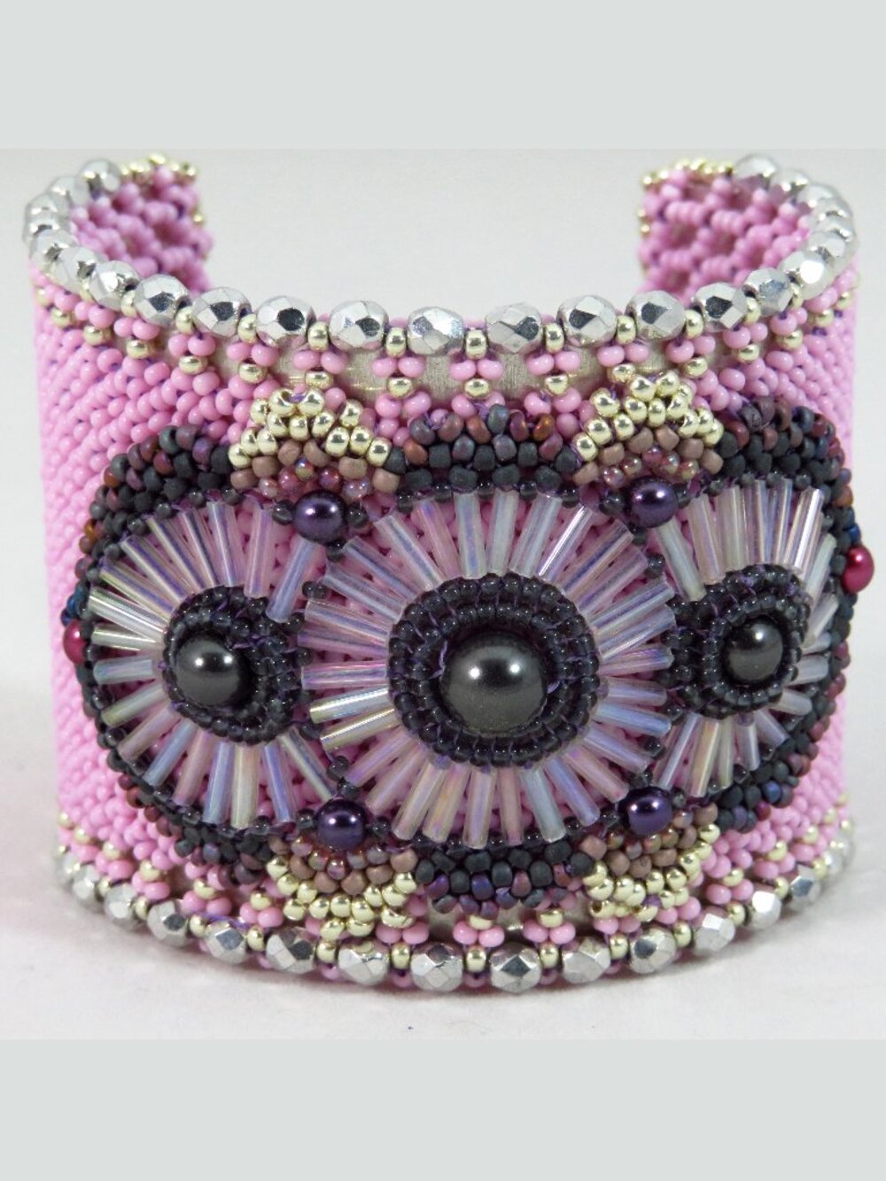 Pink and purple beaded cuff bracelet